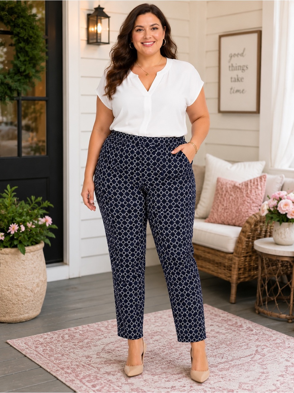Susan Graver Navy Geometric Print Ankle Pants | Size 12 | NWOT